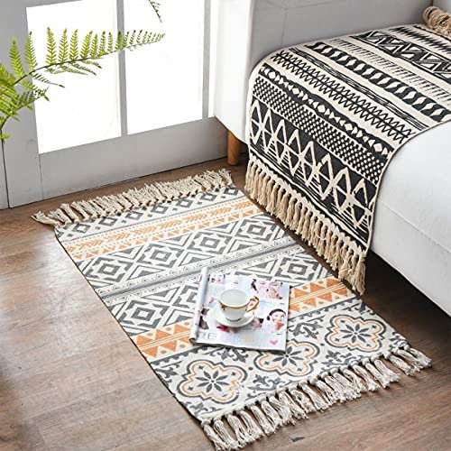 jia cool Bedruckter Baumwollteppich, Bohemia Teppich, handgewebt, Flickenteppich, Eingang, schmal, 60 x 90 cm, für Waschküche, Wohnzimmer, Orange