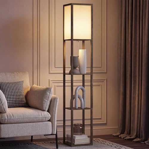 HOMCOM 3-Tier Floor Lamp, Bulb not Included, Brown | Modern Corner Standing Lamp with Shelves and Storage, Lampshade, Foot Switch for Living Room, Bedroom, Home Office
