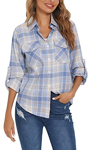 Enjoyoself 100% Cotone Donna Camicia a Quadri Flanella Blusa Casual Manica Lunga Capo Classico Shirts Tops