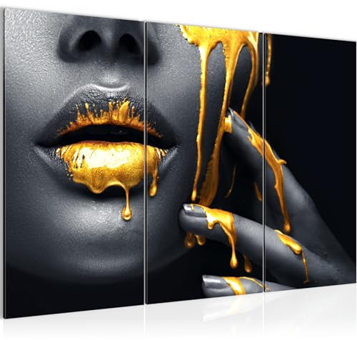 Runa Art Wandbilder Lippen Gold Schwarz Bild XXL Wohnzimmer Schlafzimmer Frau Kosmetik Fashion 120 x 80 cm 3 Teilig 041531a