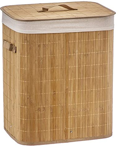 TIENDA EURASIA – Cesto Ropa Sucia | Material Bambú y Tela | Medidas 40x50x30 cm | Color Marrón Claro y Blanco | Capacidad 60 Litros | Diseño Rectangular