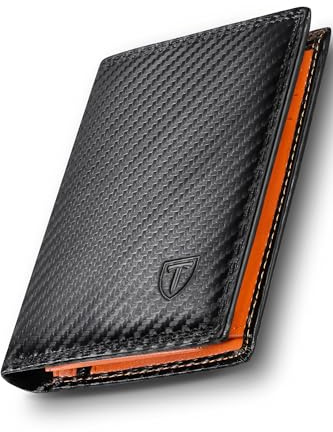 TEEHON Wallets Mens RFID Blocking, Carbon Fiber Leather UK, 12 Credit Card Holders & ID Window & Coin Pocket & 2 Banknote Compartments, Bifold Wallet w/ Gift Box Black & Orange, 12. 5x10. 5x1. 9cm