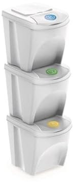 Sorting Waste Bin Recycling Segregation Stackable Lidded Handle Flap Lid 25L Grey (3, White)