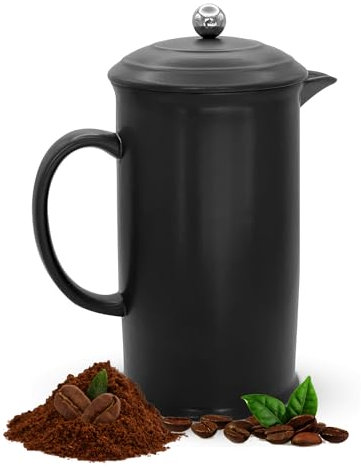 Cafetière à piston en céramique noire vintage isolée de 963,9 g, rétention de la chaleur, passe au lave-vaisselle