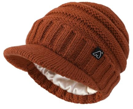 Hat Hut Cappelli da Donna da Uomo in Raso Foderato Cappelli Invernali Caldo Berretto in Maglia Unisex Slouchy Beanie con Visiera (IT, Testo, Taglia Unica, Arancione Scuro)
