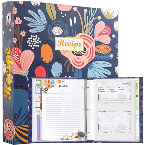 Hihealer 3 Ring Recipe Binder Large Recipe Book to Write in Your Own Recipes with Recipe Cards 4x6, Unique Gifts for Women Grandma - 32x26cm (Blau)
