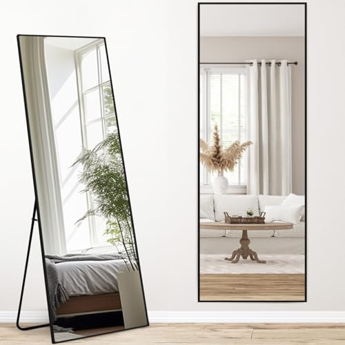 Melodieux Specchio a figura intera, 161 x 52 cm, grande, autoportante, cornice in alluminio nero, da appendere alla parete, per soggiorno e camera da letto