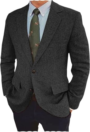 Tiavllya Men's Herringbone Blazer British Tweed Wool Blend Vintage 2 Button Sport Coats Jacket （48, Black）