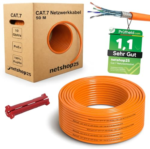 CAT.7 Netzwerkkabel 50m Verlegekabel REINES KUPFER - LAN Kabel S/FTP PiMF LSZH Halogenfrei RoHS Ethernet Cable Datenkabel Installationskabel PoE 10Gbit/s RoHS konform (Orange) + ABISOLIERER