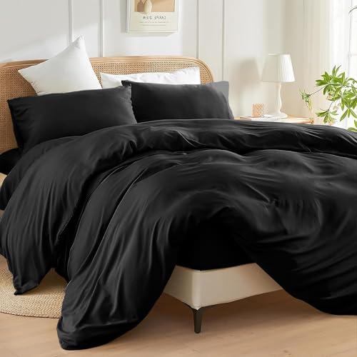 SSW HOMES Double Size Duvet Cover Set (Black) - 3 Pcs Brushed Microfiber Plain Dyed Quilt Cover - Bedding Set with Button Closure Include 1 Duvet Cover & 2 Pillowcases