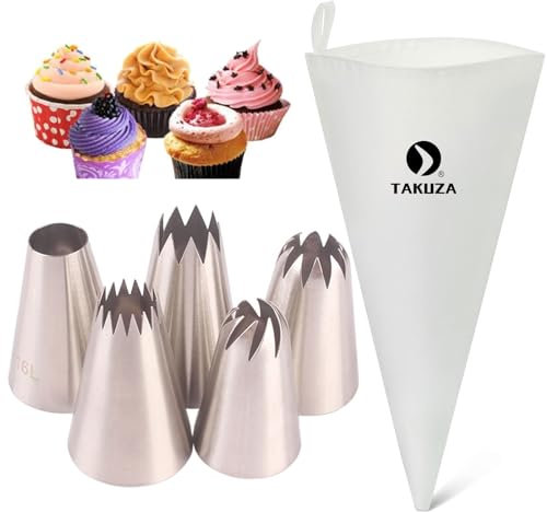 TAKUZA Set Professionale di Sac à Poche Con 6 Beccucci - 5 Beccucci in Acciaio Inox, Riutilizzabili, Grandi per Torte e Biscotti