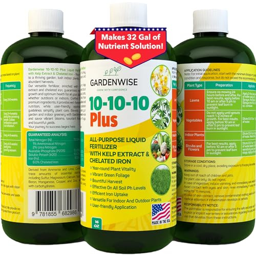 GARDENWISE 10-10-10 All Purpose Plant Food - Liquid Fertilizer with Seaweed Kelp & Iron - Indoor & Outdoor Plant Food, Vegetables, Flowers, Lawn & Garden 1x16 oz