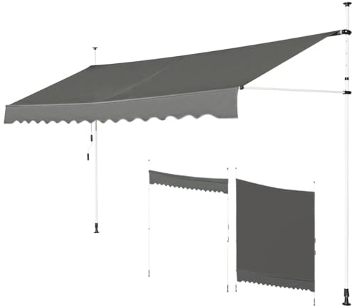 GOPLUS Klämmarkis 200 cm bred, terrassmarkis utan borrning, UV-beständig höjdjusterbar vattenavvisande, markis med handvev, infällbar, solskydd balkong av metall och Oxford, grå