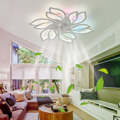 YFHKWJ White Modern Flower Ceiling Fan with Light and Remote Control Quiet Reversible 6 Speed Motor DC RGB Smart Ceiling Fans with Lamp for LED Dimmable Bedroom Living Room Memory Function