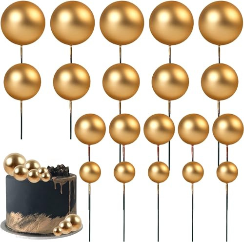 Round Ball Cake Toppers Ball Cupcake Toppers Cake Decorations Bakeware Decorating Topper Sticks Mini Balloon Cake Insert Toppers for Anniversary Birthday Party Wedding Decor (Gold)