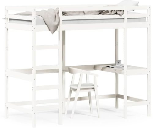 THOYTOUI Hochbett, Betten Polsterbett Tagesbett Seniorenbett Geeignet für Mehrbettzimmer Gästezimmer Hotel Schlafzimmer mit Schreibtisch Weiß 100x200 cm Massivholz Kiefer