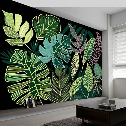 Fototapete Art Wandbild 300 x 210 cm (WxH) Tapeten Wandtapete, Dunkel Wanddeko Grüne Tropische Blattstreifen Mustertapete Design Wand Dekoration Vliestapete Wohnzimmer Schlafzimmer Büro