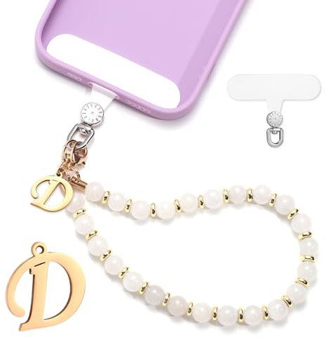 lasuroa 1 Set Handyband mit Perlen, Initialen Handyanhänger Band Abnehmbar Handykette mit Handyband Patch Freihändig Handyarmbandkette für Frauen Mädchen Geschenk (Buchstabe D)