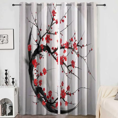 Verdunklungsvorhänge Gardinen mit Ösen Blickdichte Vorhänge Lärmschutzvorhang für Kinderzimmer Thermo Gardinen mit Chinesische Tuschemalerei, Pflaumenblüte Muster, 214 x 91.5 cm (HxB), 2er Set