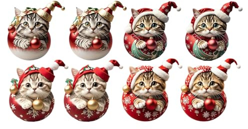 8 Stück 2D Acryl Weihnachtskatze Hängende Deko, Katze Weihnachtsbaum Anhänger, Weihnachtsbaum Katzen Anhänger, Niedlicher 2D Acryl Katze Anhänger Weihnachtsbaumschmuck Ornament