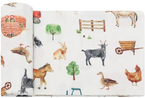 Lebze LifeTree Baby Pucktuch Musselin Tuch, 120x120cm Musselin Swaddle Decke Baby Bambus Baumwolle Swaddle Wrap für Junge und Mädchen, Nutztiere Design