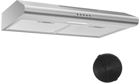 Zomagas 24 inch Range Hood Under Cabinet, Stainless Steel Range Hood 280CFM, Slim Kitchen Stove Hood w/Push Button, Ducted/Ductless Convertible, 3 Speeds Exhaust Fan, LED Light and Carbon Filter