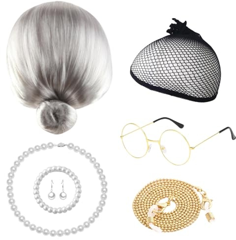 DKDDSSS Oma Perücke, Old Lady Kostüm, Oma Kostüm, Großmutter Perücke, Alte Dame Cosplay Set Kostümzubehör, Alte Damen Perücke für Halloween, Karneval, Maskerade, Bühnenauftritt, Kostümzubehör