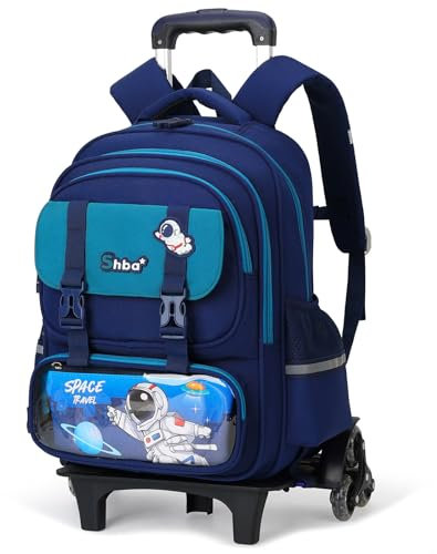 Tanou Rucksack mit Rollen für Kinder, Abnehmbar Schulranzen Trolley Jungen von 6 bis 10 Jahren, Astronauten-Rucksack auf Rädern Schultrolley für Jungs, Marineblau/Grün