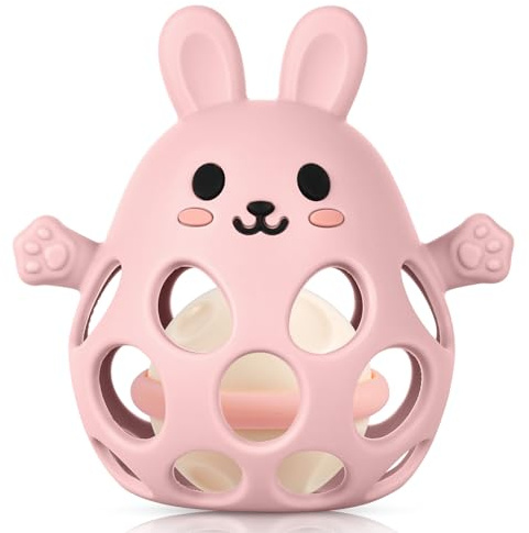 HOTUT Silikon Babyrassel Kaninchen, BPA-frei Spielzeug-Silikon Baby Ball Beißring, Weich Greifball für Babys, Baby Rassel Beißring Spielzeug für Neugeborene Kleinkinder (Hell-Pink)