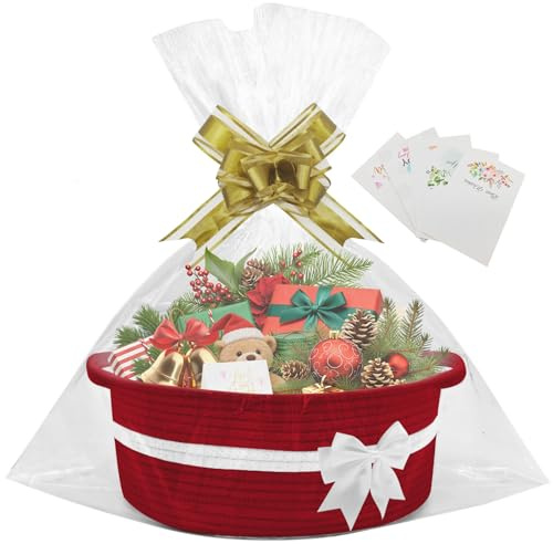 Hamper Baskets Empty,1 Pcs Empty Hamper Basket with 2 Bags and 2 Pull Bows and 1 Pack Shredded Paper Cotton Rope Basket for Baby Shower,Wedding,Birthday,Easter (14.96 x 9.06 x 5.51 in) (Red)