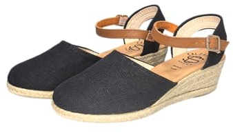 COZSERIES Sandalias Mujer Alpargatas | Cuña de Yute con Punta Cerrada | Calzado Casual con Cierre de Hebilla | Exterior de Lona y Suela de Caucho | Diseño Elegante y Versátil para Verano | Negro