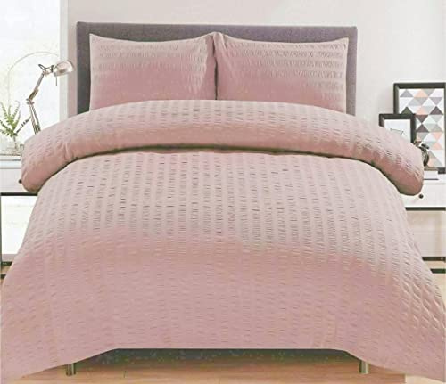 KD HOME EVERYTHING YOU NEED Seersucker Duvet Quilt Cover Set with Matching Pillowcases, Ultra Soft Cosy Polycotton Stripe Design, Easy Care & Machine Washable (Dusky Pink, Single)