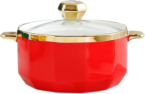 Soupière De Service en Porcelaine, Soupière Ronde avec Couvercle en Verre, Bol à Soupe en Céramique avec Poignée pour La Décoration De La Cuisine à La Maison De Re, Red, 1 litres