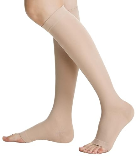 20–30 mmHg medicinska kompressionsstrumpor för kvinnor och män, graderade stödstrumpor med öppen spets för åderbråck och ödem (beige, L)
