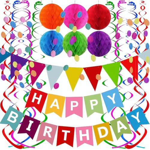 BEJAGWUS Geburtstagsdeko Set Bunt,Happy Birthday Girlande Party Deko | Geburtstagsdekor,Colorful Birthday Decorations mit Birthday Garland,Pompons,Bändern,Deko Geburtstag für Frauen,Männer,Familie