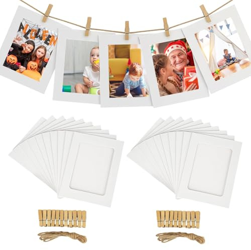 Fotowand Set, 2x6 Zoll Papier Bilderrahmen Mit Klammern, Fotoleine Mit Klammern Und Hanfschnur, 20 Rahmen+20 Clips+2 Seile, DIY Foto Girlande Für Wanddekoration, Fotos Aufhängen Bei Partys Und Events