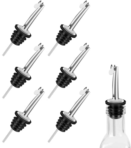 Oaioya 6 Piezas Vertedor Acero Inoxidable con Tapa Abatible, Tapón Antigoteo Anti Goteo para Vino, Dosificación Derrames para Aceite de Oliva, Botellas de Vino, Cócteles, Alcohol, Bebidas