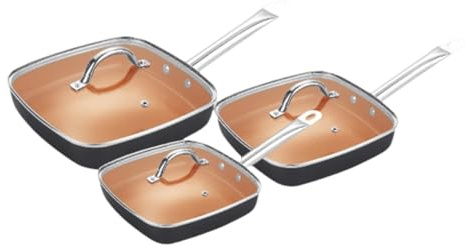 Juego de 6 sartenes cuadradas de aluminio con acabado de cobre para una distribución eficiente del calor y fácil