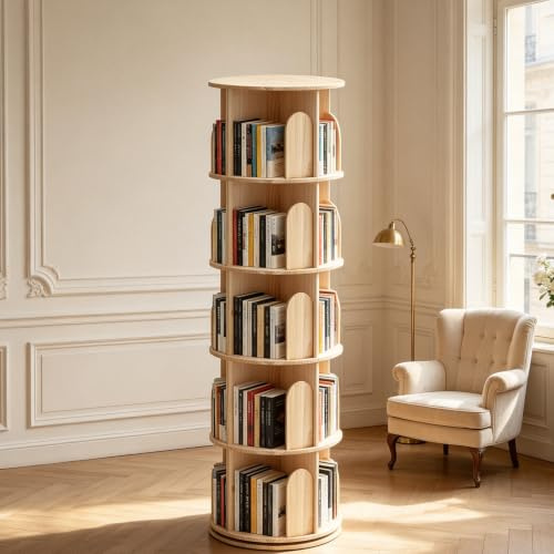 Wumagin Bücherregal Kinder, 360° Drehbares Bücherregal mit 5 Ebenen, Drehregal Spielzeugregal, Multifunktionales Bücherregal Massivholz für Wohnzimmer, Home Office