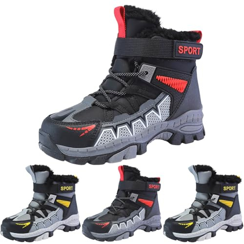 Boys Snow Boots Winter Waterproof Anti Slip Hiking Boots Outdoor Plush Lined Cold Weather Booties for Unisex Kids High Top Climbing Walking Sport Shoes Comfortable Orthopedic Sneakers(Red,3)