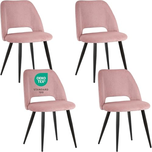 JIJIAN Esszimmerstühle 4er Set, Streifencord mit Ausschnittrückenlehne | Stühle Esszimmer, Küchenstühle, Wohnzimmer Essstühle, Gepolsterte Stühle für Esszimmer, Küche, Schlafzimmer, Rosa