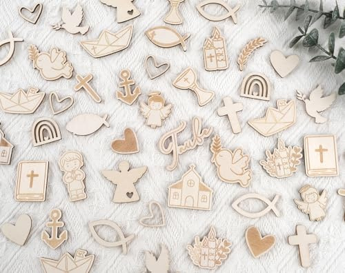 HOLDLEAF 75 piezas de madera para bautizo niño – grabado láser motivos paloma, pescado, arco iris – confeti natural decoración para bautizo, comunión y confirmación, ideal para manualidades y regalos