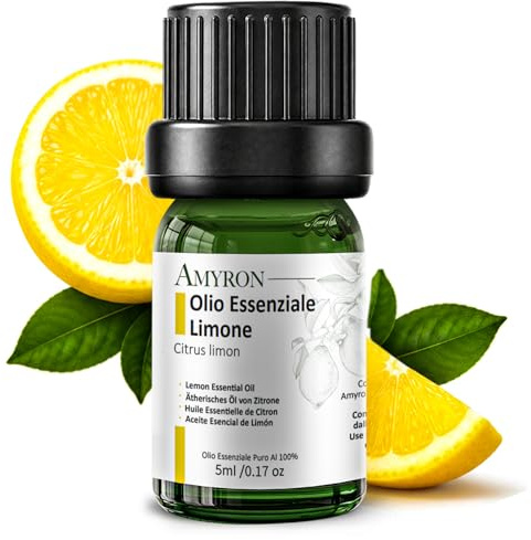 Olio Essenziale Limone 5ml AMYRON | Citrus Lemon | Naturale E Puro Al 100% Ideale Per Aromaterapia E Diffusore Oli Essenziali | Massaggi aromatici | Uso Terapeutico | Alimentare Senzo OGM