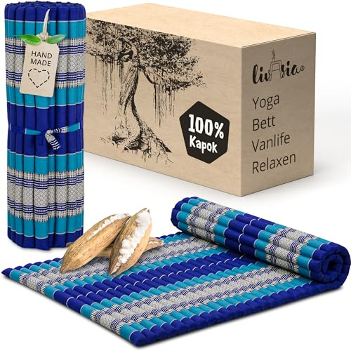 livasia Rollmatte Rollmatratze L breit bequem - 200x110x4,5cm - Gästebett Gästematratze 1 Person, Reisebett Kofferraum outdoor, Thaimatte Kapok Garten Balkon handgefertigt (Blau)