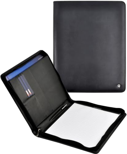 Desq® Leder A4-Schreibmappe - Umlaufender Reißverschluss, Einsteckfäch für Dokumenten, 5 Kartenfächer, Schreibblock ausgestattet, Schwarz, Dutch Design