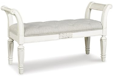 Signature Design by Ashley Realyn French Country Upholstered Tufted Accent Bench with Foam Cushion and Scrolled Arms, Wood Frame, 25.88 High, Antique White
