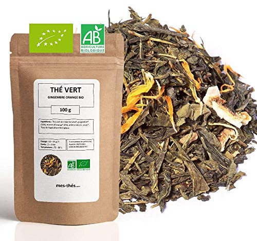 Thé Vert bio aromatisé Gingembre Orange - 100g (40 tasses) - Thé en vrac 100% agriculture biologique - Mes-Thés