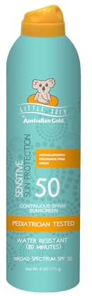 Australian Gold Australian gold little joey continuous spray, spf 50 broad spectrum water resistant for up to 80 minutes pediatrician tested hypoallergenic fragrance free, 6 Ounce, A70915
