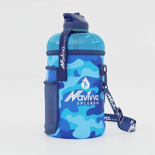 NAVIVVA SPLENDID Large 2L Water Bottle with Insulating Neoprene Cover and Straw Lid - BPA-Free, Dishwasher Safe, Portable, Eco-friendly with Carry Handle – Huge 2.2 Litre. (Navy in Sleeve Cover)