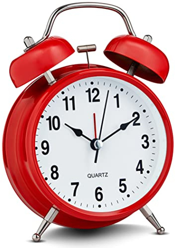 Bernhard Products Analog Alarm Clock 4 Twin Bell Vintage Red Silent Non-Ticking Quartz Battery Operated Extra Loud with Backlight for Bedside Table Desk, Retro Clocks Old Fashioned for Heavy Sleepers